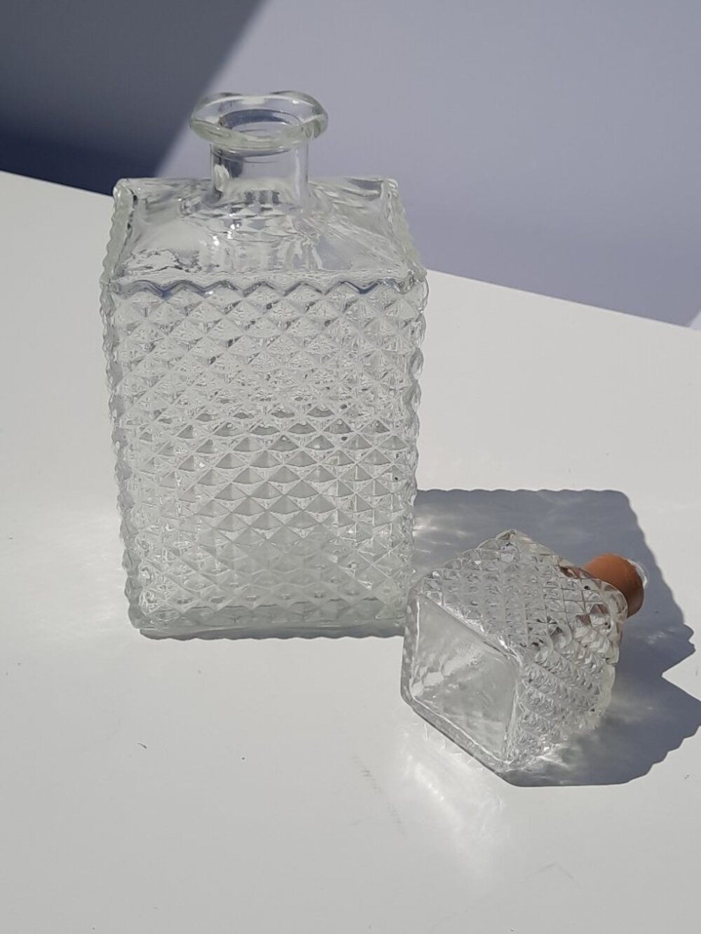 Vintage Decanter Mid Century Diamond Cut Hobnail Square Bottle W/ Stopper